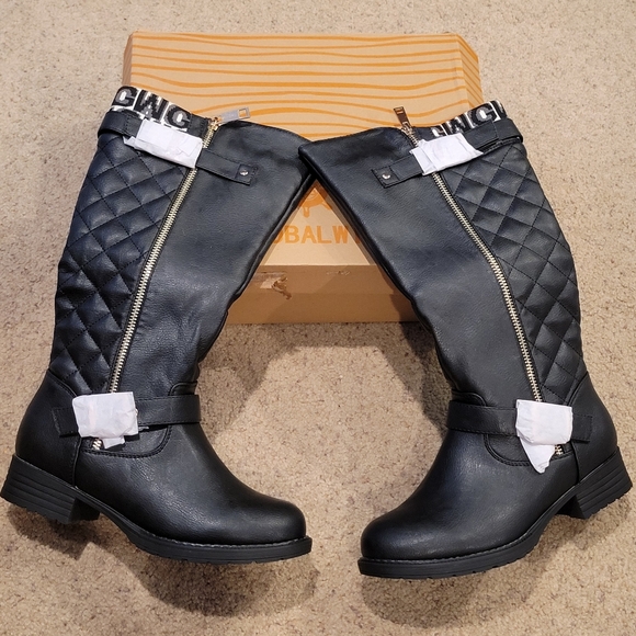 GLOBALWIN Women's Black Quilted Knee-High Fall Winter Fashion Riding Boots 6.5M - Picture 1 of 5